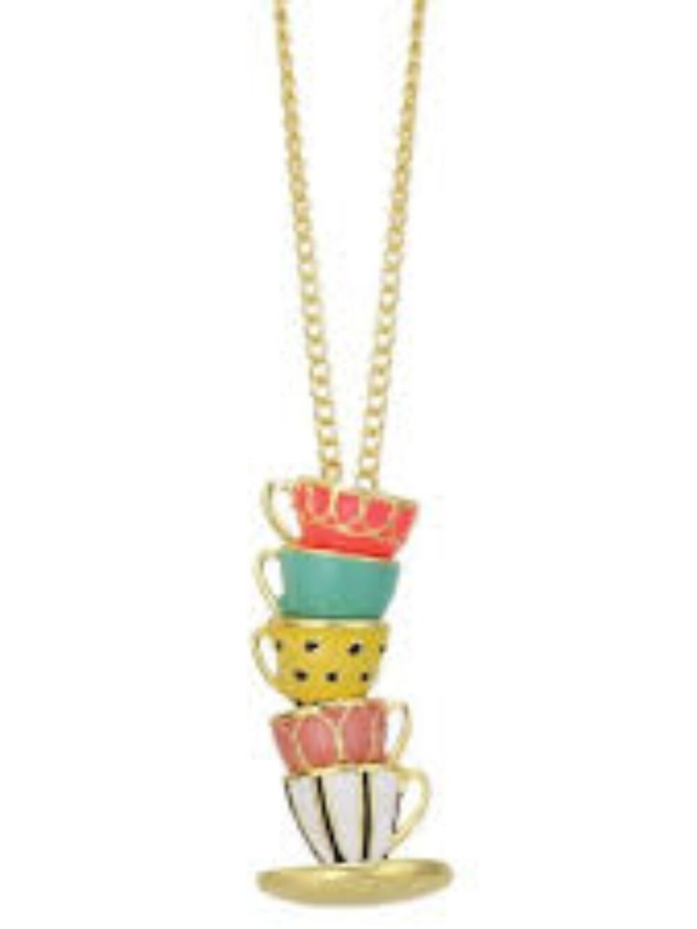  Teacups Stacked Pink Green Yellow White Necklace